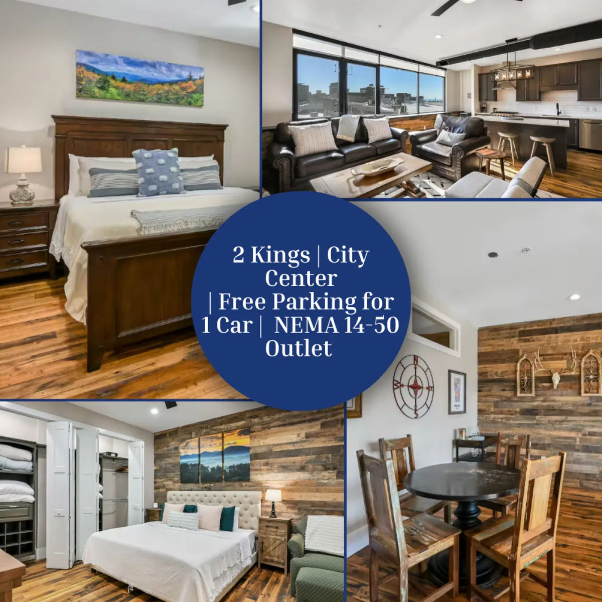 The image showcases a stylish, contemporary living and dining space featuring plush king-sized beds, chic furniture, a beautiful wooden dining table, and vibrant artwork on the walls. Large windows hint at sweeping city views, while the setup invites guests to relax, dine, and gather comfortably after exploring Asheville's vibrant downtown.